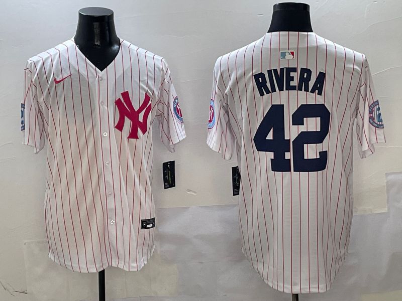 Men New York Yankees 42 Rivera White Stripe Jointly Name Nike 2025 MLB Jersey style 1